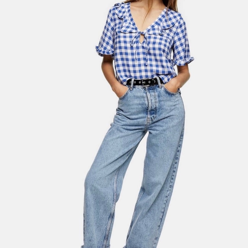 Topshop gingham blouse with ruffle sleeves size 8